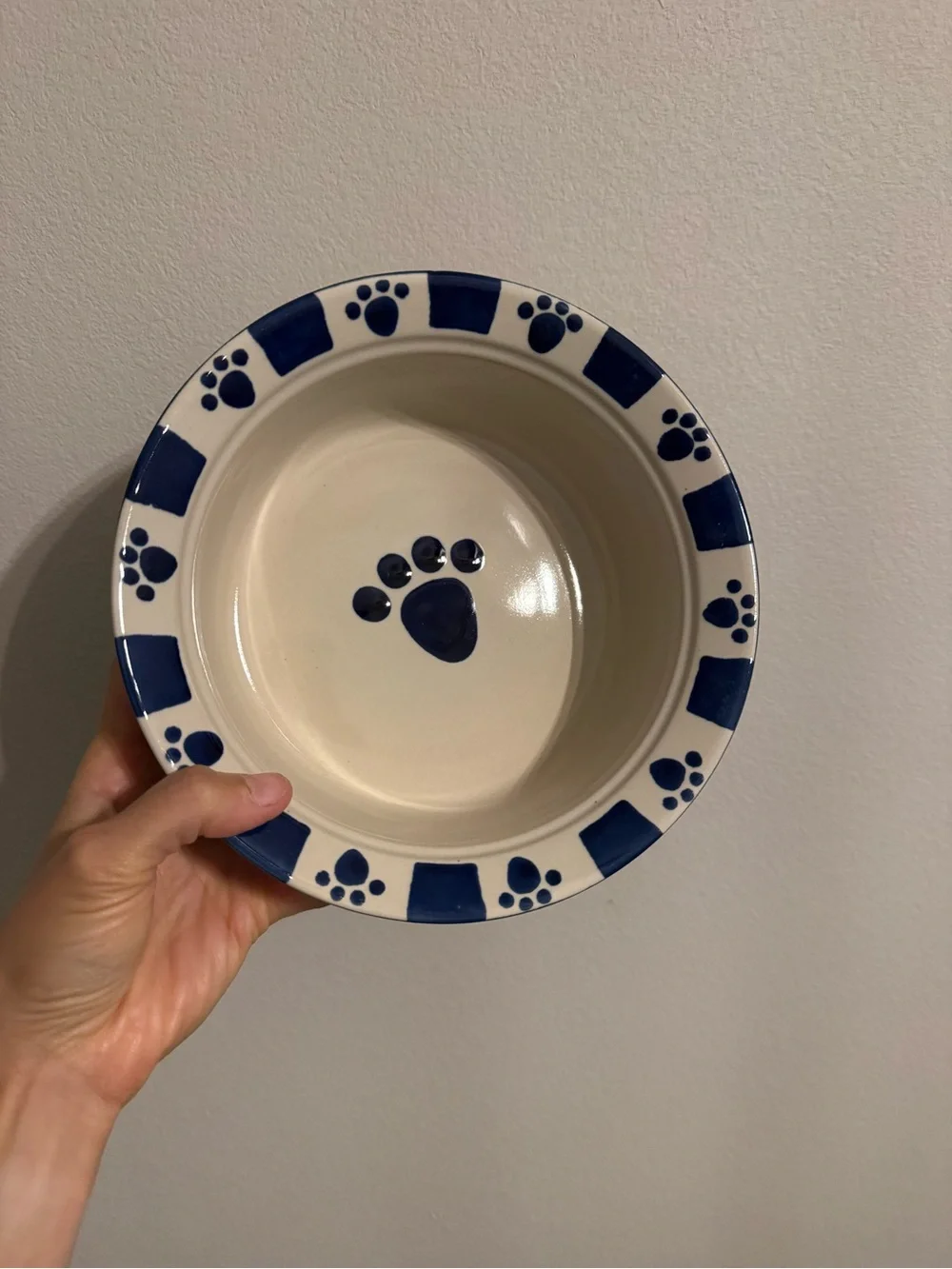 Vtg Petrageous Stoneware Pet Bowls Set 2 Navy Blue Cream Paw Print Dog Dishes